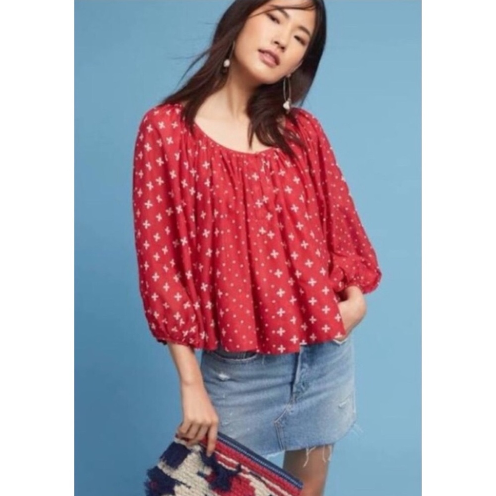 Anthropologie/Kopal Top Medium Peasant Billowy Semi Cropped Luma Block Print Red